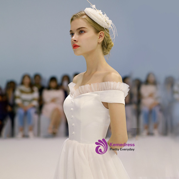 Shop 2019 Long & Short Ivory White Tulle Satin Off The Shoulder Tea Length Wedding Dress With Factory Price From Kemedress