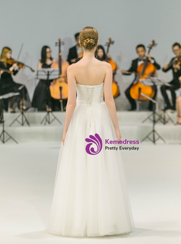 Shop 2019 Long & Short A-Line Ivory White Tulle Satin Strapless Wedding Dress With Flower With Factory Price From Kemedress