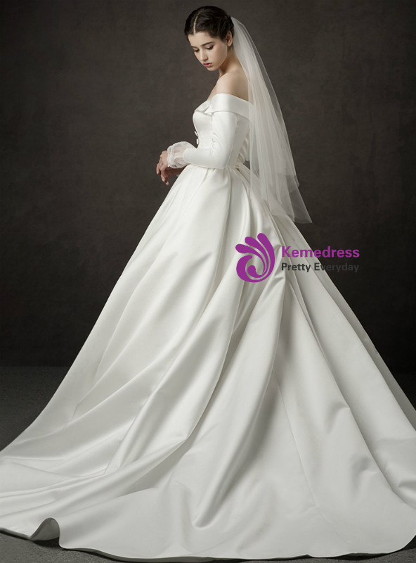 Shop 2019 Long & Short Ivory White Ball Gown Satin Off The Shoulder Long Sleeve Wedding Dress With Factory Price From Kemedress