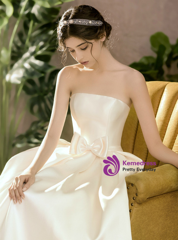 Shop 2019 Long & Short A-Line Ivory White Satin Strapless Floor Length Wedding Dress With Bow With Factory Price From Kemedress