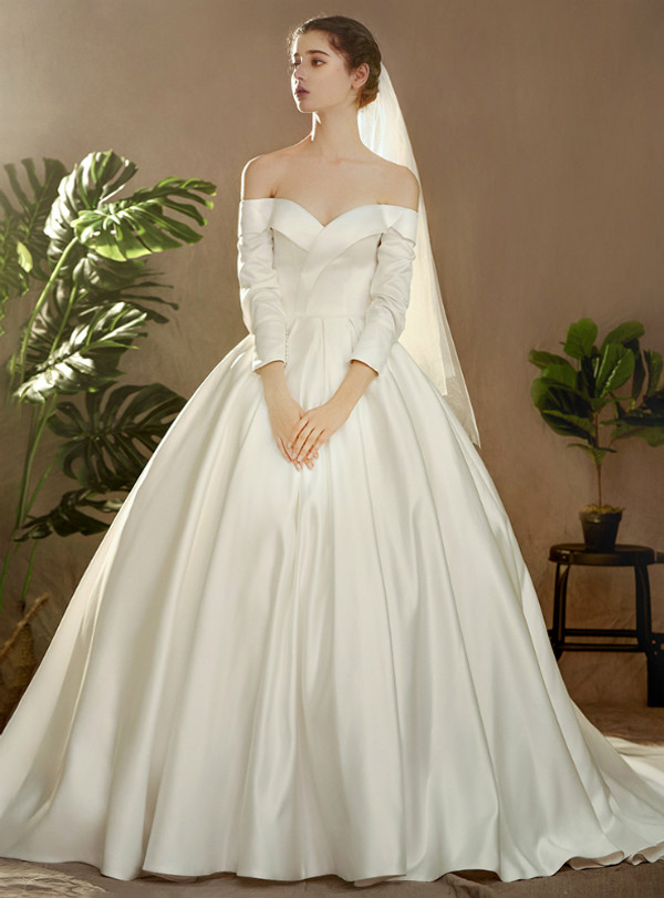 Shop 2019 Long & Short Ivory White Satin Off The Shoulder Long Sleeve Wedding Dress With Button With Factory Price From Kemedress