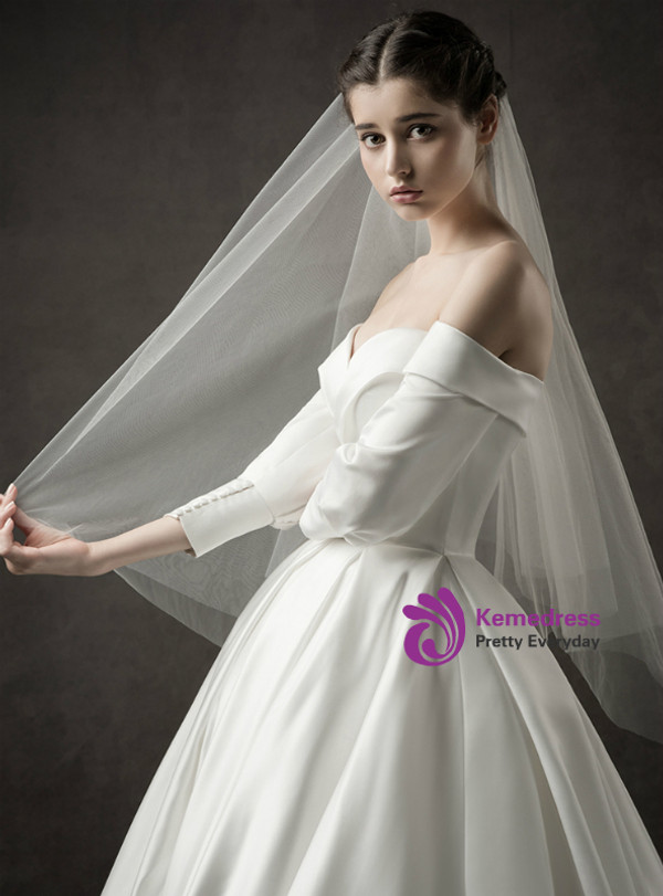 Shop 2019 Long & Short Ivory White Satin Off The Shoulder Long Sleeve Wedding Dress With Button With Factory Price From Kemedress