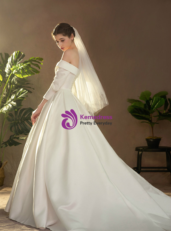 Shop 2019 Long & Short Ivory White Satin Off The Shoulder Long Sleeve Wedding Dress With Button With Factory Price From Kemedress