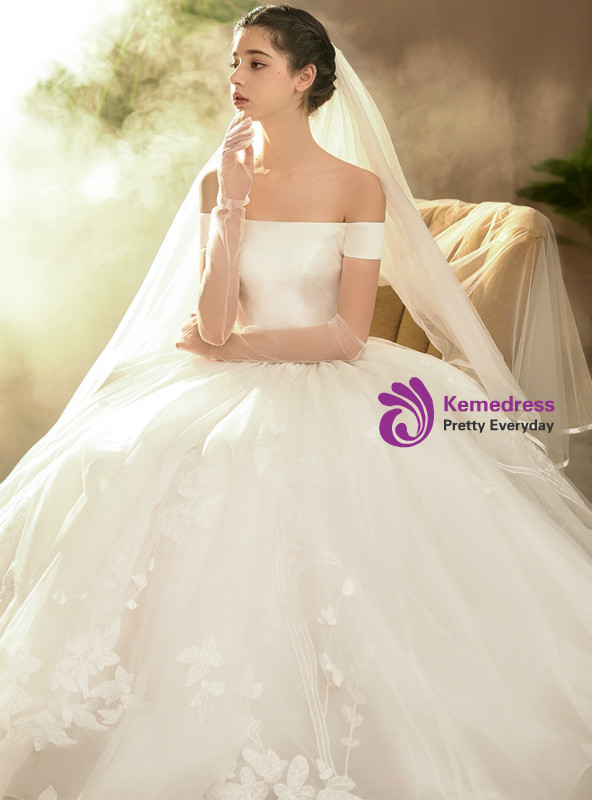 Shop 2019 Long & Short Ivory White Ball Gown Tulle Satin Off The Shoulder Appliques Wedding Dress With Factory Price From Kemedress