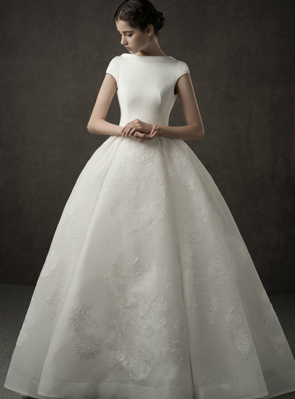 Shop 2019 Long & Short Ivory White Ball Gown Tulle Appliques Bateau Cap Sleeve Backless Wedding Dress With Factory Price From Kemedress