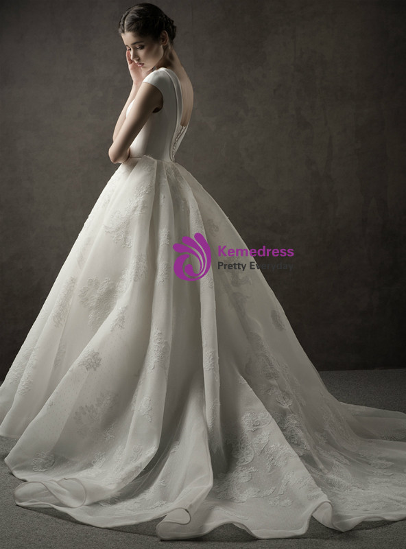Shop 2019 Long & Short Ivory White Ball Gown Tulle Appliques Bateau Cap Sleeve Backless Wedding Dress With Factory Price From Kemedress