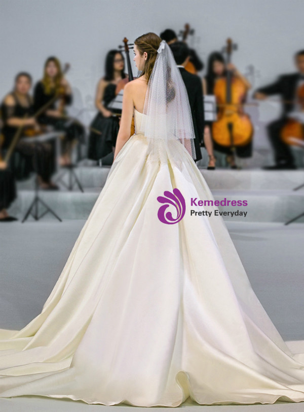 Shop 2019 Long & Short Ivory Ball Gown White Satin Strapless Long Wedding Dress With Bow With Factory Price From Kemedress