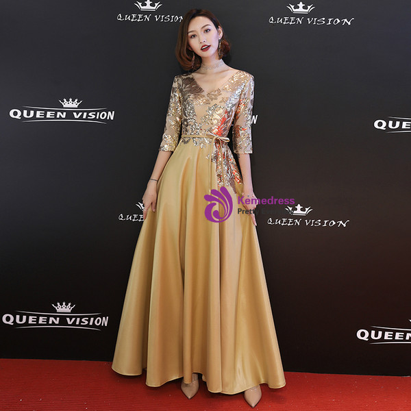 Shop 2019 Long & Short In Stock:Ship in 48 Hours Gold Satin Sequins V-neck Half Sleeve Prom Dress With Factory Price From Kemedress