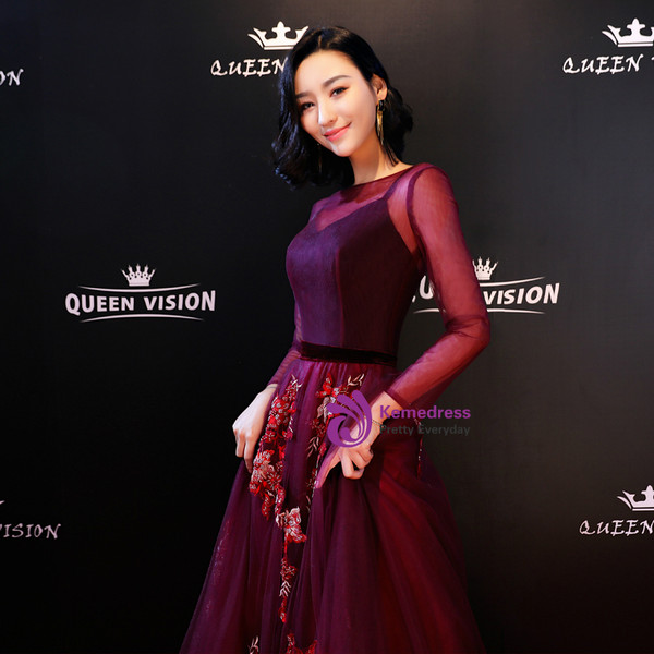 Shop 2019 Long & Short In Stock:Ship in 48 Hours Purple Tulle Long Sleeve Appliques Prom Dress With Factory Price From Kemedress