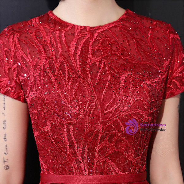 Shop 2019 Long & Short In Stock:Ship in 48 Hours Red Satin Cap Sleeve Prom Dress With Beading With Factory Price From Kemedress