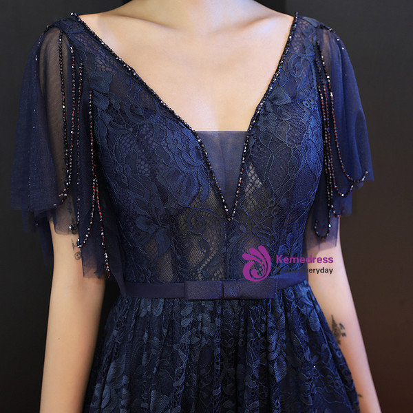Shop 2019 Long & Short In Stock:Ship in 48 Hours Navy Blue Lace V-neck Backless Prom Dress With Factory Price From Kemedress