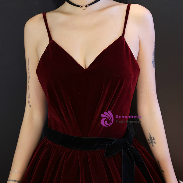 Shop 2019 Long & Short In Stock:Ship in 48 Hours Burgundy Velvet Spaghetti Straps Prom Dress With Factory Price From Kemedress