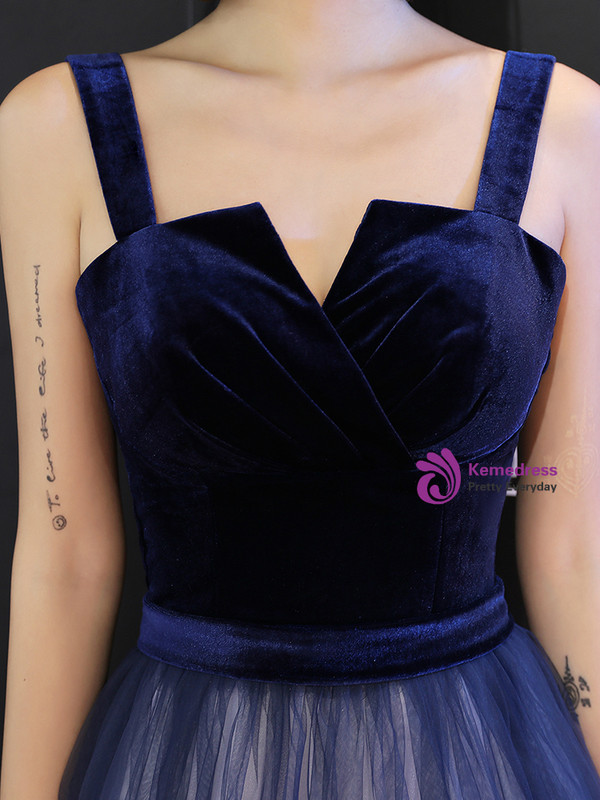 Shop 2019 Long & Short In Stock:Ship in 48 Hours A-Line Blue Tulle Straps Long Prom Dress With Factory Price From Kemedress