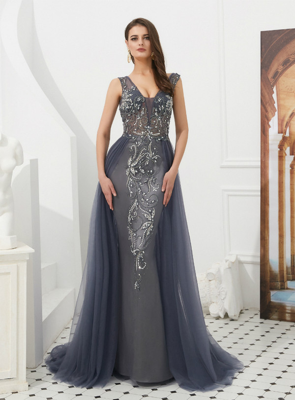 Shop 2019 Long & Short Gray Sheath Tulle V-neck Backless Long Prom Dress With Beading With Factory Price From Kemedress