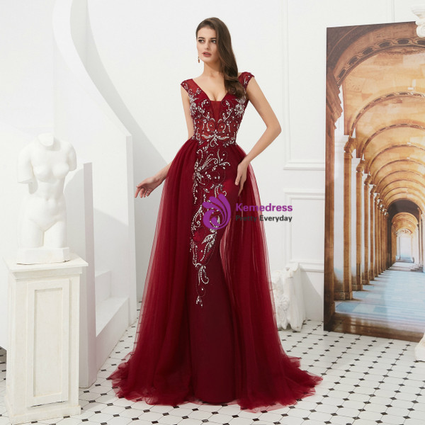 Shop 2019 Long & Short Burgundy Sheath Tulle V-neck Backless Long Prom Dress With Beading With Factory Price From Kemedress