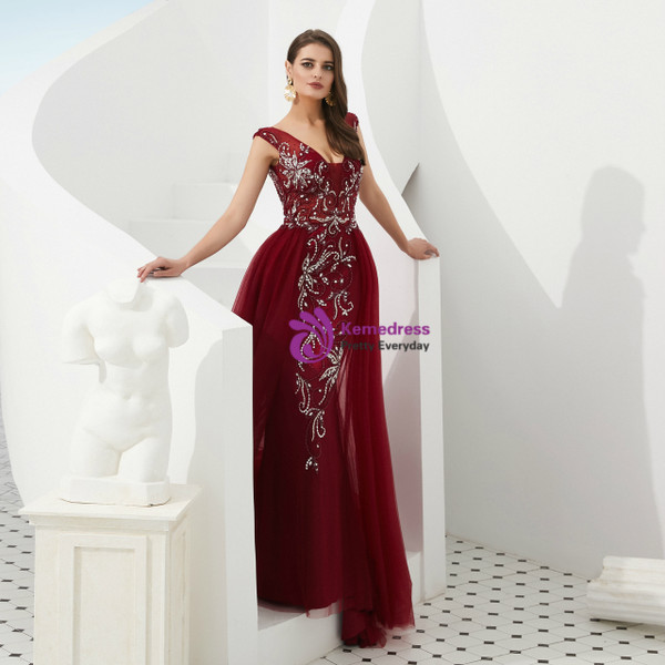 Shop 2019 Long & Short Burgundy Sheath Tulle V-neck Backless Long Prom Dress With Beading With Factory Price From Kemedress