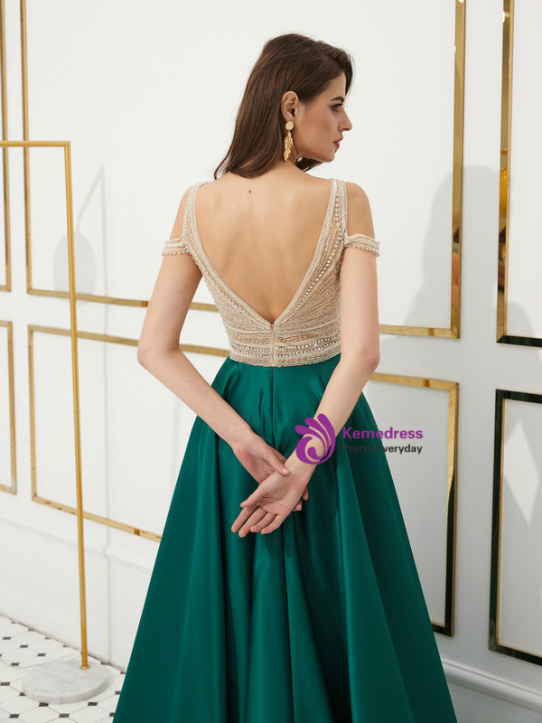 Shop 2019 Long & Short Green Satin V-neck Cold Shoulder Backless Long Prom Dress With Beading With Factory Price From Kemedress