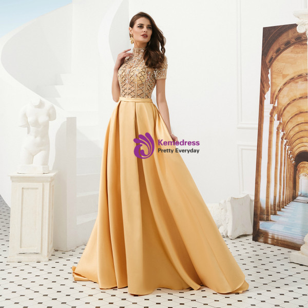 Shop 2019 Long & Short A-Line Champagne Gold Satin High Neck Cap Sleeve Prom Dress With Beading With Factory Price From Kemedress