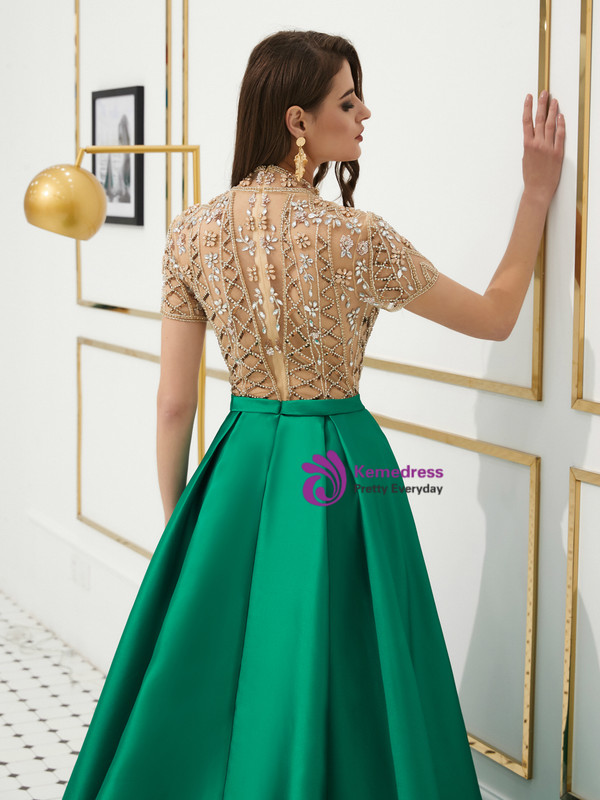 Shop 2019 Long & Short A-Line Green Satin High Neck Cap Sleeve Prom Dress With Beading With Factory Price From Kemedress