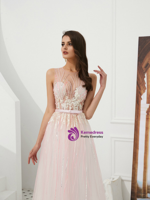 Shop 2019 Long & Short Pink Tulle See Through Top Sequins Long Prom Dress With Bow With Factory Price From Kemedress