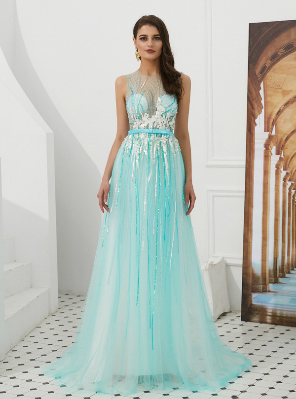 Shop 2019 Long & Short Blue Tulle See Through Top Sequins Long Prom Dress With Bow With Factory Price From Kemedress