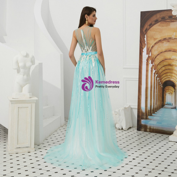 Shop 2019 Long & Short Blue Tulle See Through Top Sequins Long Prom Dress With Bow With Factory Price From Kemedress