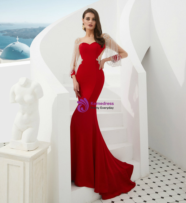 Shop 2019 Long & Short Red Mermaid Satin Long Sleeve Bateau See Through Back Prom Dress With Beading With Factory Price From Kemedress