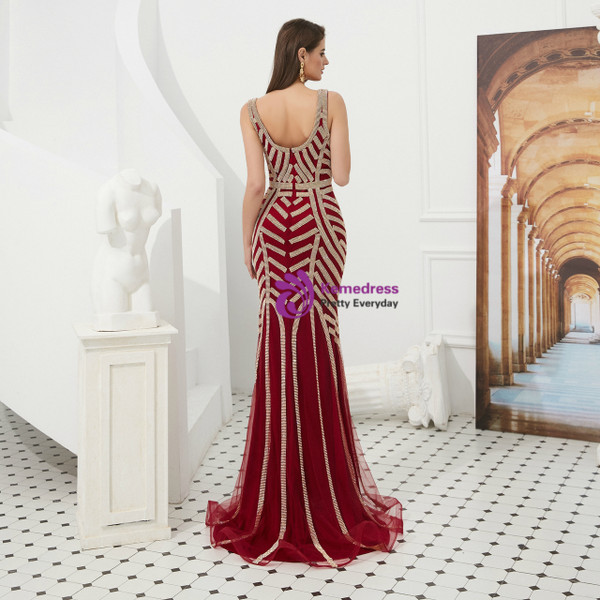 Shop 2019 Long & Short Burgundy Mermaid Tulle V-neck Long Prom Dress With Beading With Factory Price From Kemedress