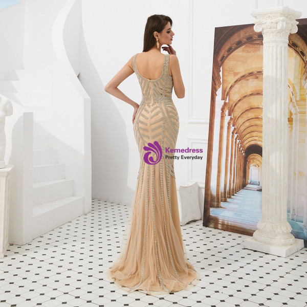 Shop 2019 Long & Short Champagne Mermaid Tulle V-neck Long Prom Dress With Beading With Factory Price From Kemedress