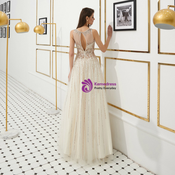 Shop 2019 Long & Short Light Champagne Tulle Backless Long Prom Dress With Beading Crystal With Factory Price From Kemedress