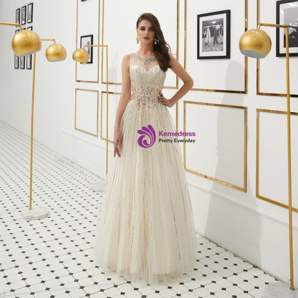 Shop 2019 Long & Short Light Champagne Tulle Backless Long Prom Dress With Beading Crystal With Factory Price From Kemedress