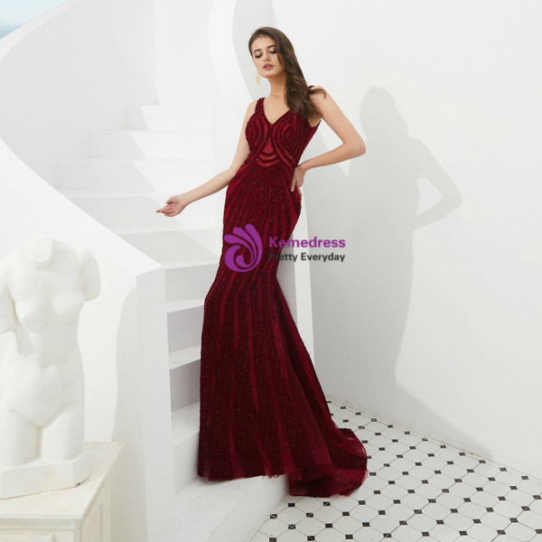 Shop 2019 Long & Short Burgundy Mermaid Lace V-neck Backless Long Prom Dress With Beading With Factory Price From Kemedress