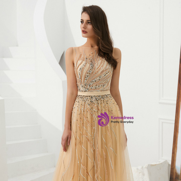 Shop 2019 Long & Short A-Line Champagne Tulle See Through Long Prom Dress With Beading With Factory Price From Kemedress