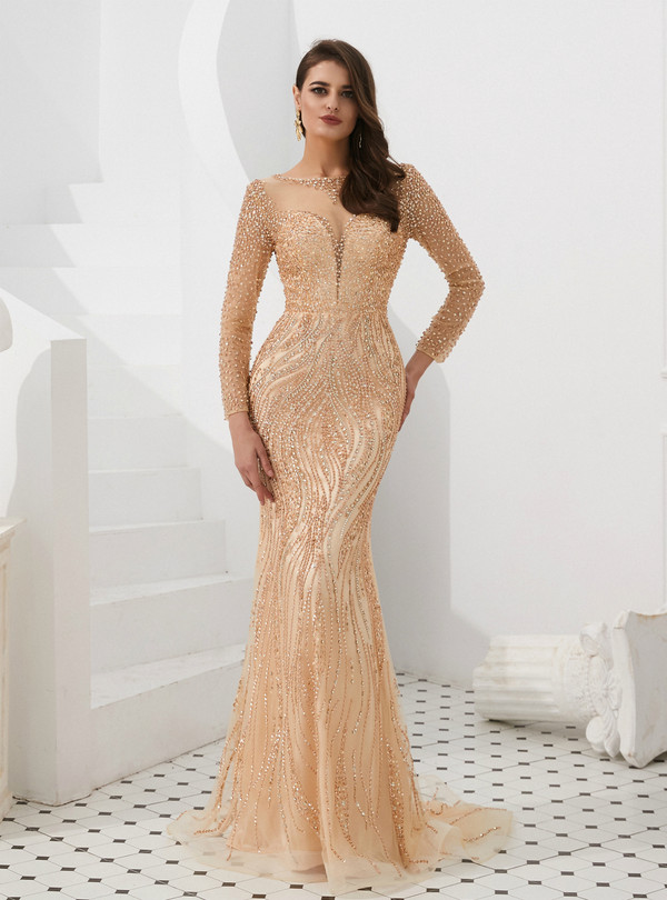 Shop 2019 Long & Short Champagne Mermaid Tulle Long Sleeve See Through Prom Dress With Sequins  With Factory Price From Kemedress