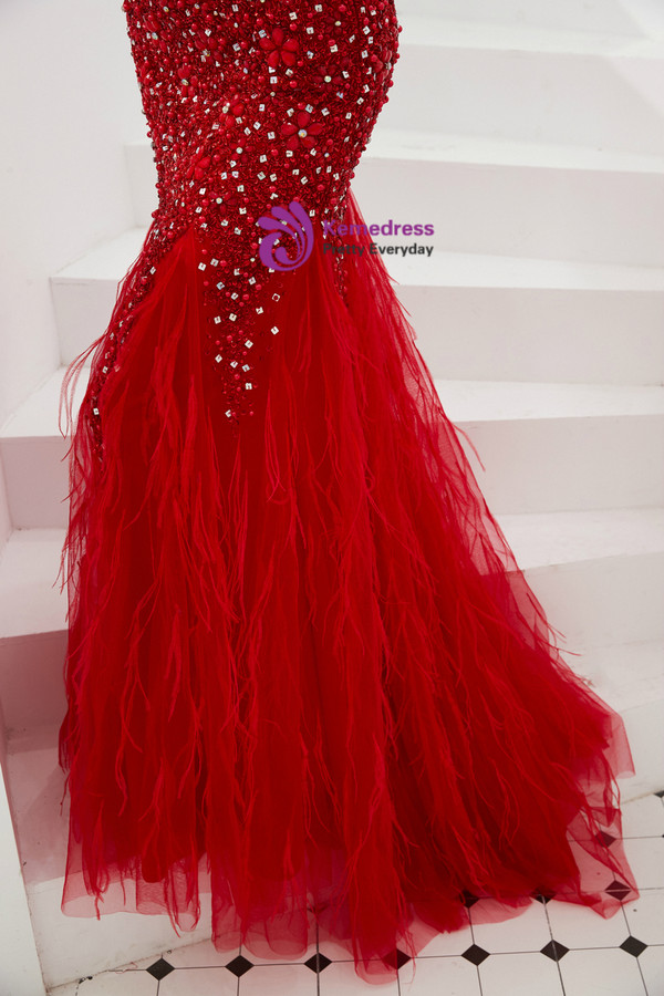 Shop 2019 Long & Short Red Mermaid Tulle Sleeveless Prom Dress With Beading Feather With Factory Price From Kemedress