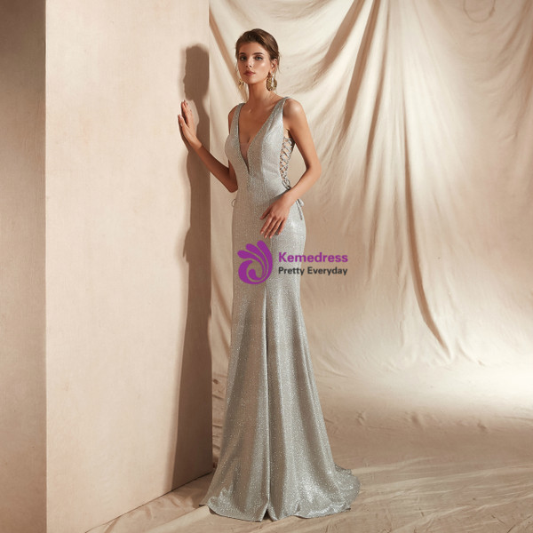 Shop 2019 Long & Short Silver Mermaid Deep V-neck Backless Lace Up Long Prom Dress With Factory Price From Kemedress