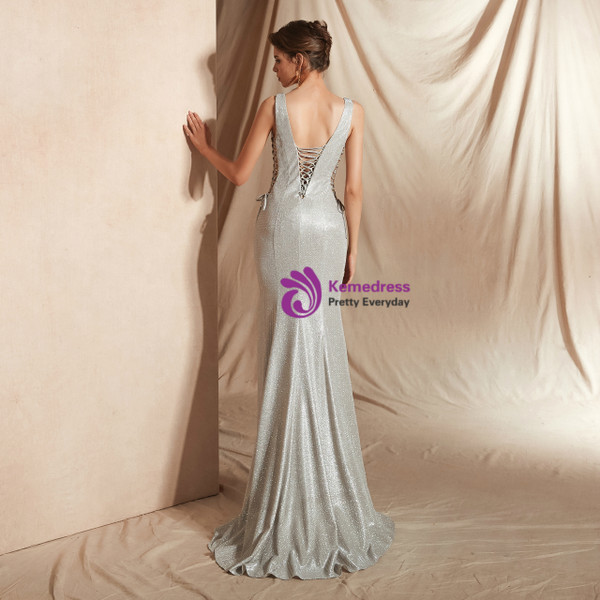 Shop 2019 Long & Short Silver Mermaid Deep V-neck Backless Lace Up Long Prom Dress With Factory Price From Kemedress