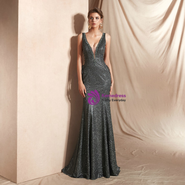 Shop 2019 Long & Short Gray Mermaid Deep V-neck Backless Lace Up Long Prom Dress With Factory Price From Kemedress