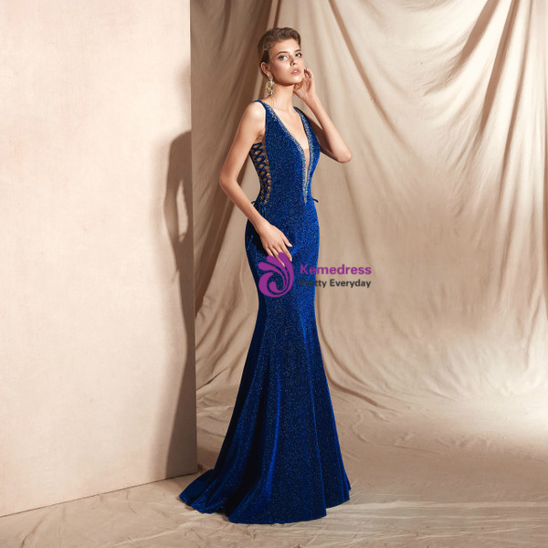 Shop 2019 Long & Short Royal Blue Mermaid Deep V-neck Backless Lace Up Long Prom Dress With Factory Price From Kemedress
