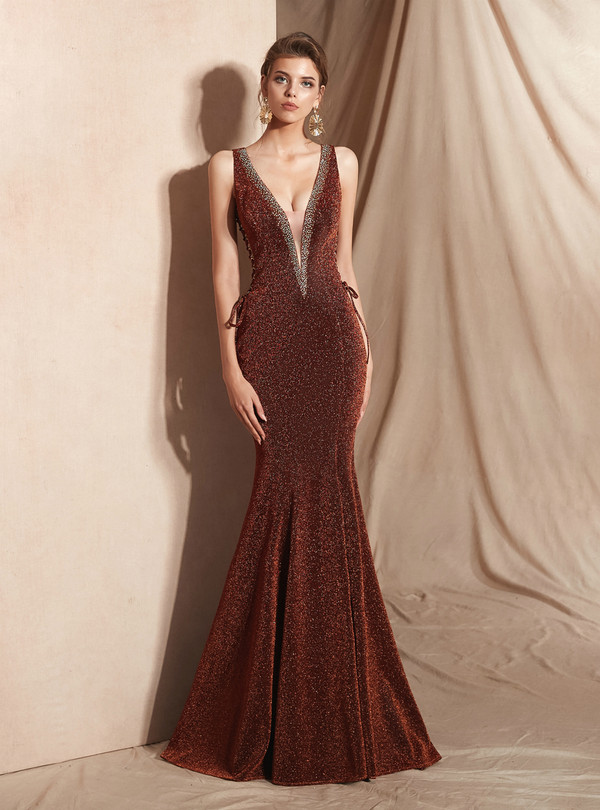 Shop 2019 Long & Short Brown Mermaid Deep V-neck Backless Lace Up Long Prom Dress With Factory Price From Kemedress