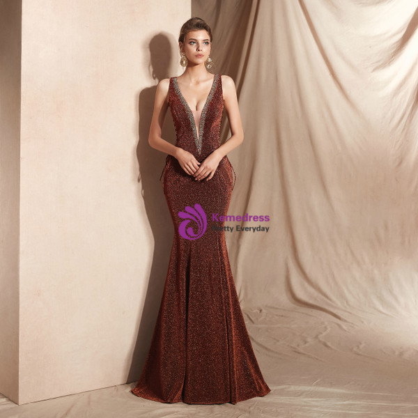 Shop 2019 Long & Short Brown Mermaid Deep V-neck Backless Lace Up Long Prom Dress With Factory Price From Kemedress
