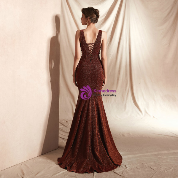Shop 2019 Long & Short Brown Mermaid Deep V-neck Backless Lace Up Long Prom Dress With Factory Price From Kemedress