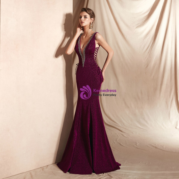 Shop 2019 Long & Short Sexy Purple Mermaid Deep V-neck Backless Lace Up Long Prom Dress With Factory Price From Kemedress