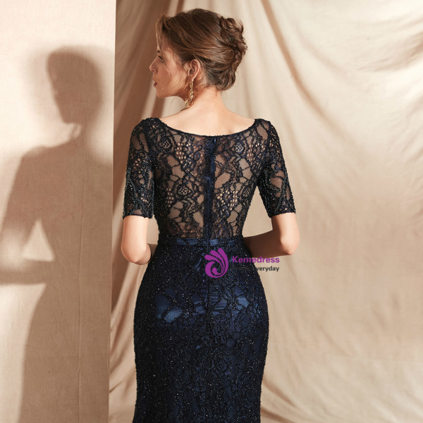 Shop 2019 Long & Short Blue Lace Mermaid See Through Short Sleeve Long Prom Dress With Factory Price From Kemedress
