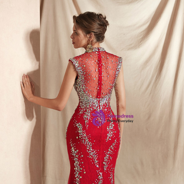 Shop 2019 Long & Short Red Mermaid Lace High Neck See Through Prom Dress With Crystal With Factory Price From Kemedress