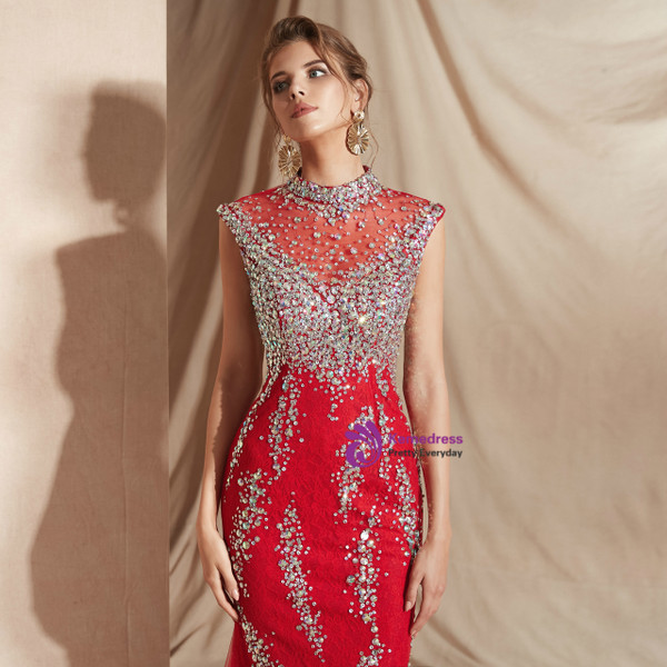 Shop 2019 Long & Short Red Mermaid Lace High Neck See Through Prom Dress With Crystal With Factory Price From Kemedress