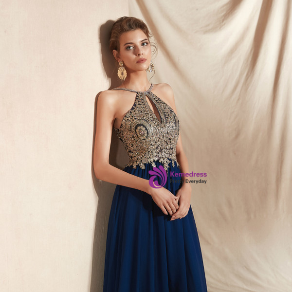 Shop 2019 Long & Short A-Line Navy Blue Chiffon Halter Backless Appliques Long Prom Dress With Factory Price From Kemedress