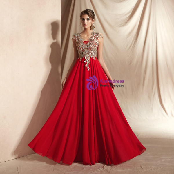 Shop 2019 Long & Short A-Line Red Chiffon Appliques Scoop Neck Long Prom Dress With Factory Price From Kemedress