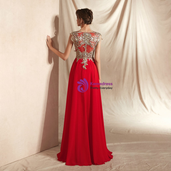 Shop 2019 Long & Short A-Line Red Chiffon Appliques Scoop Neck Long Prom Dress With Factory Price From Kemedress