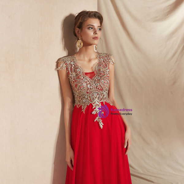 Shop 2019 Long & Short A-Line Red Chiffon Appliques Scoop Neck Long Prom Dress With Factory Price From Kemedress